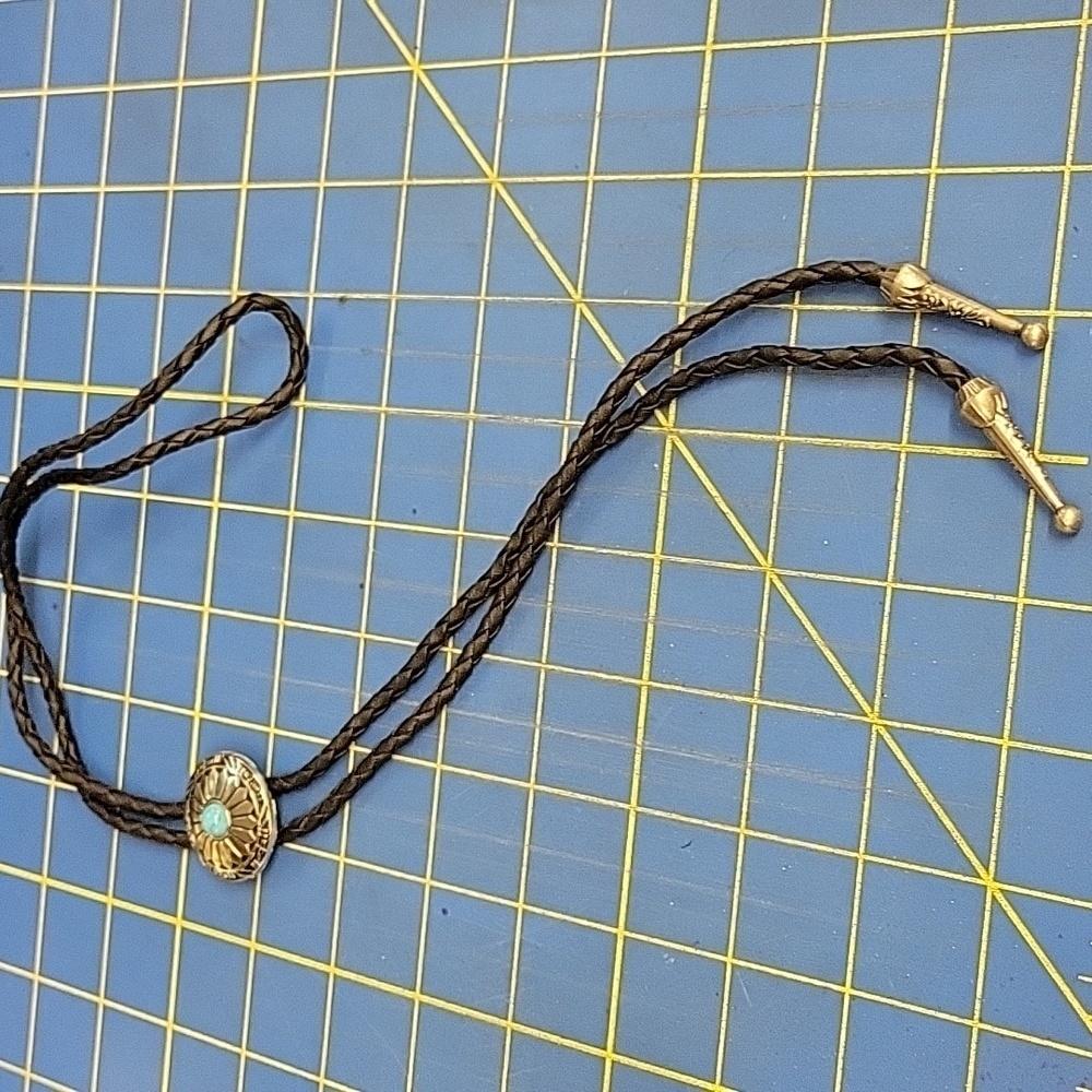 Bolo Silver Tone Turquoise Accent Black Braided Pleather